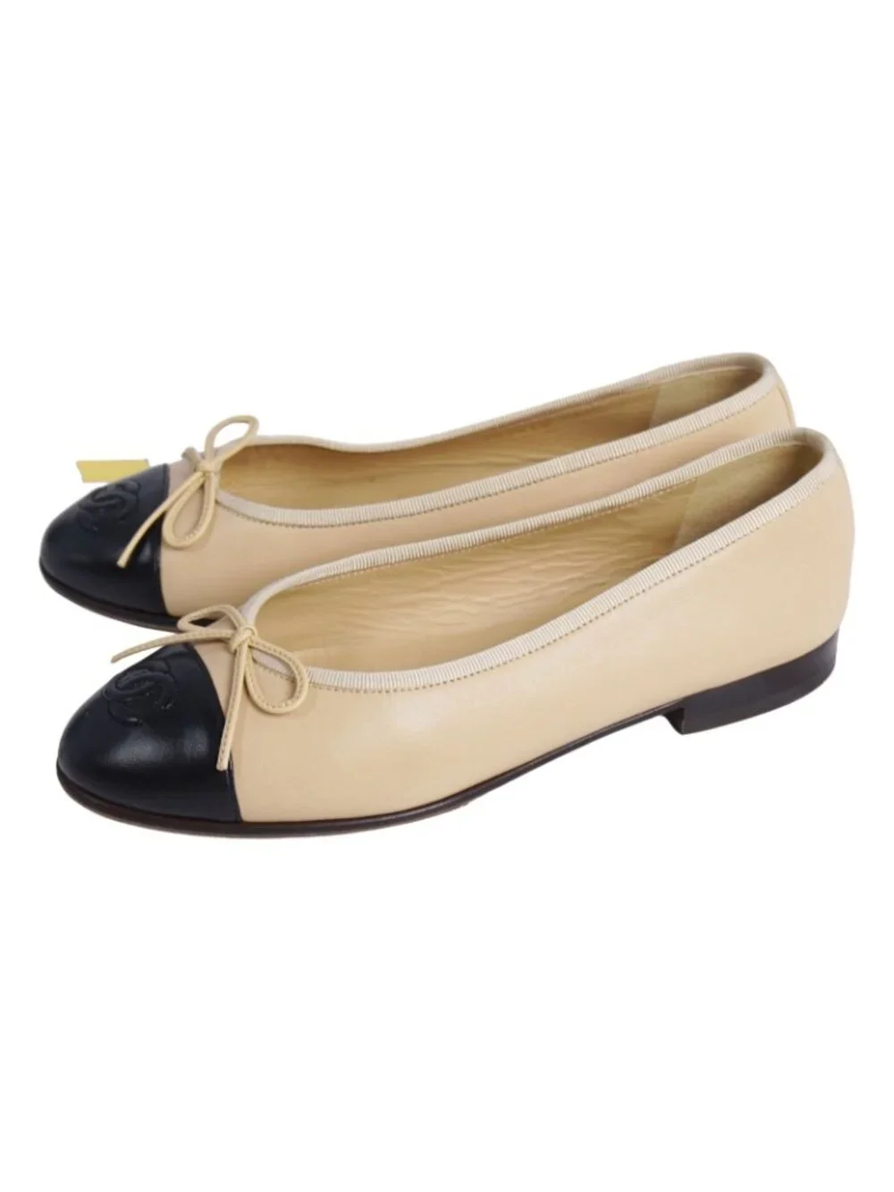 Chanel Pumps Ballerina Ribbon CC Logo Leather Shoes 36C Beige